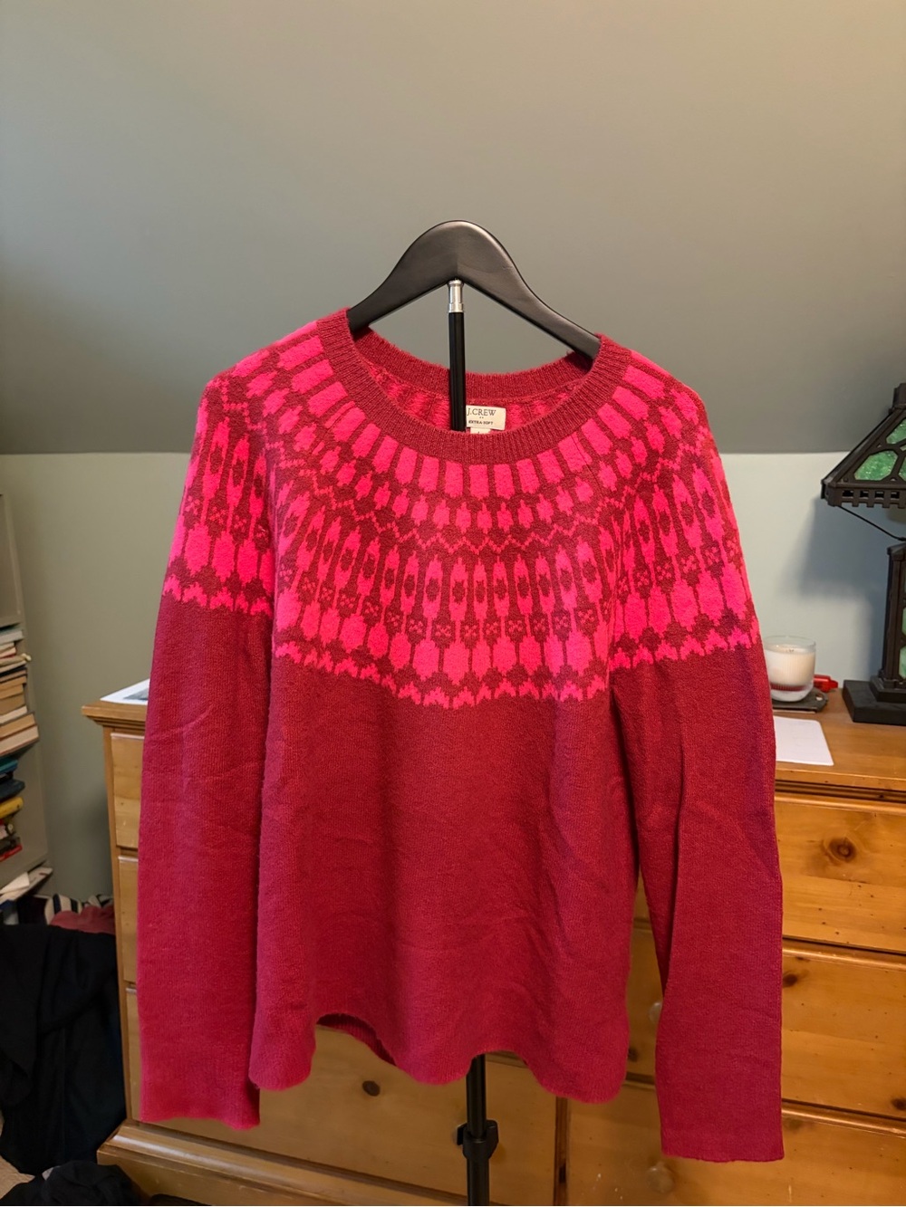 J. Crew Women's Berry Red Crewneck Sweater with Hot Pink Fair Isle, size L